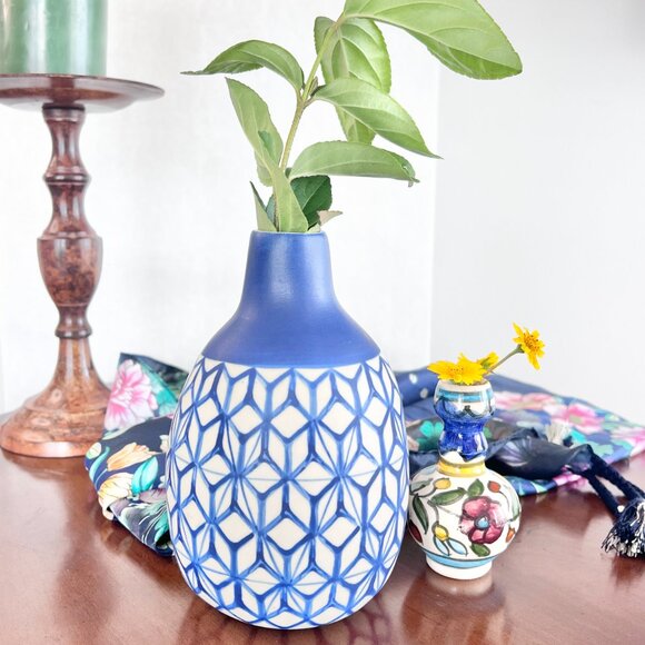 Vintage Artisan De Luxe Home Boho Thai Vase Royal Blue Geometric Print 7” - Picture 7 of 13